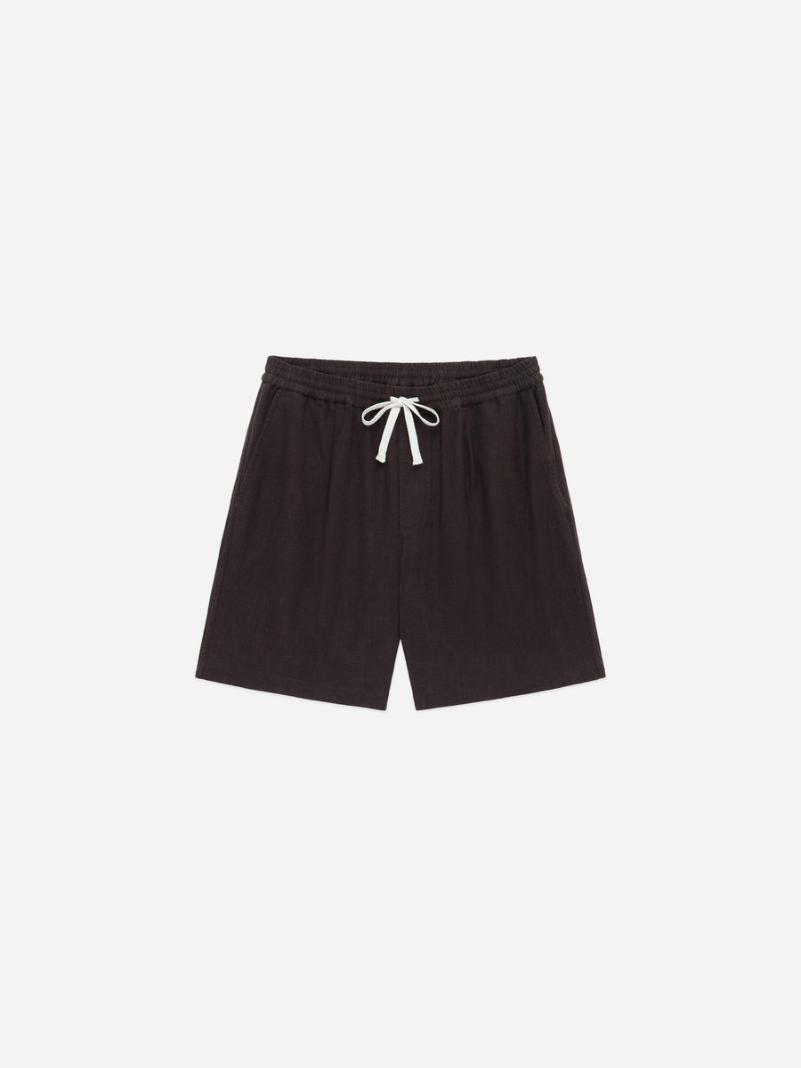 Brown shorts with a drawstring on a white background