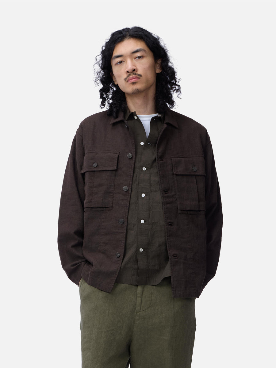 Man wearing a brown jacket over a white shirt on a plain background