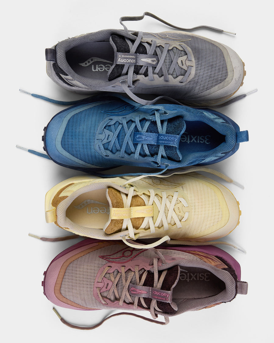 Four naturally dyed sneakers lined up in a row on a white background.