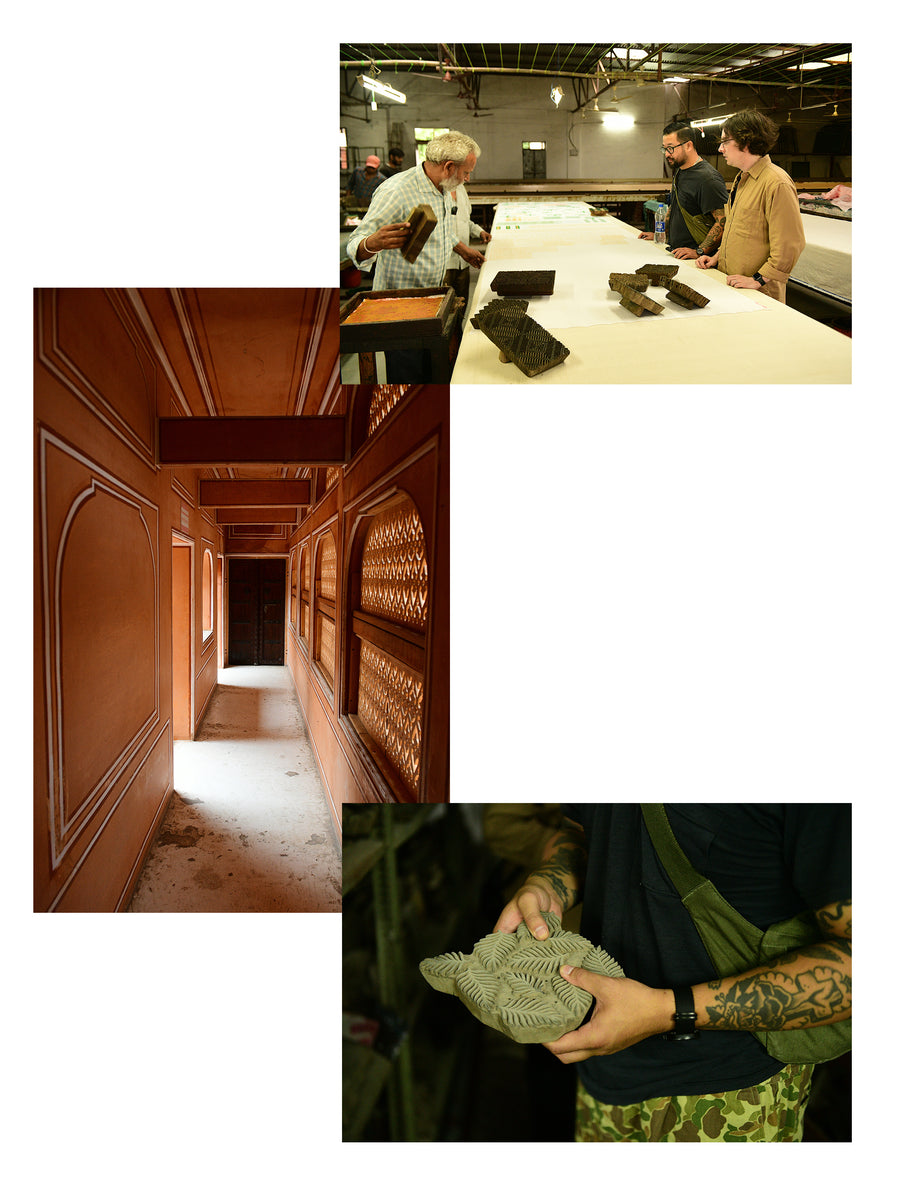 A triptych of craftsmen at work along with hallways. 